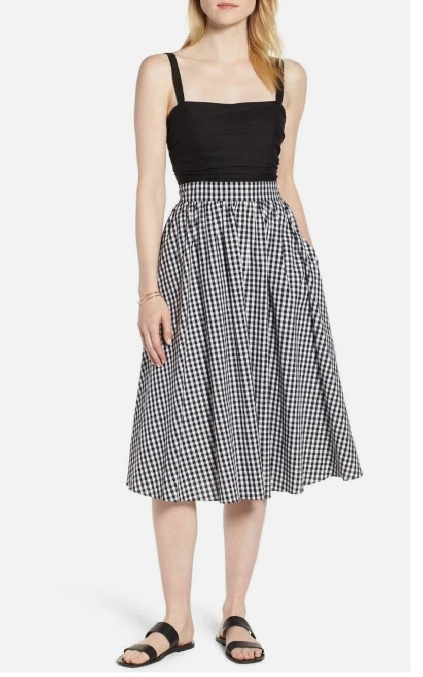 1901 by Nordstrom Black White Gingham Ruched Bodice Fit Flare Dress Size 6